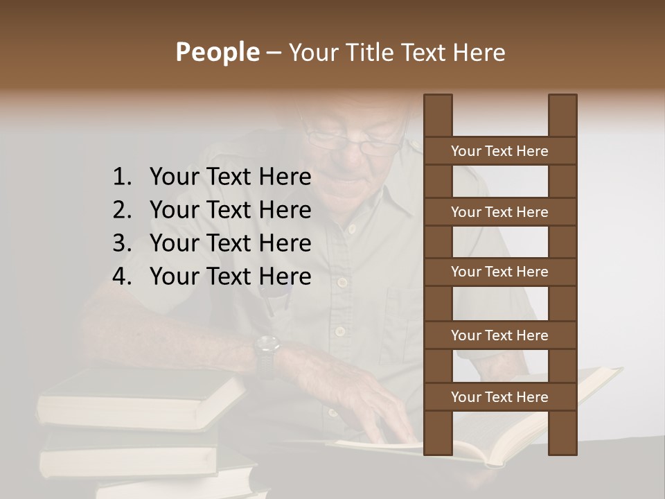 A Man Sitting At A Table With A Stack Of Books PowerPoint Template