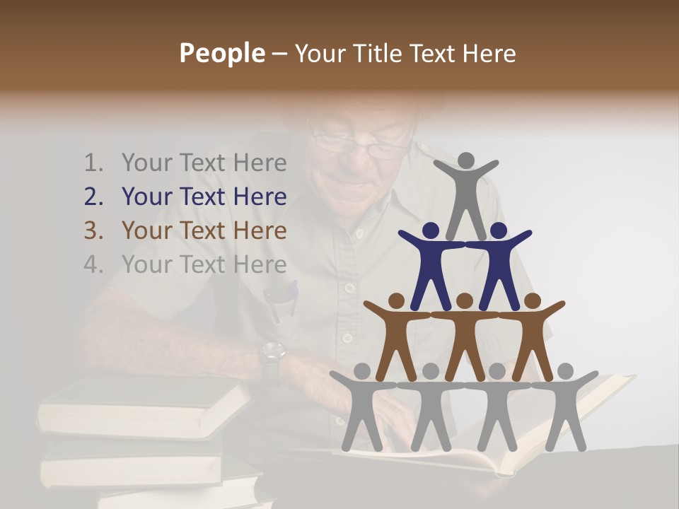 A Man Sitting At A Table With A Stack Of Books PowerPoint Template