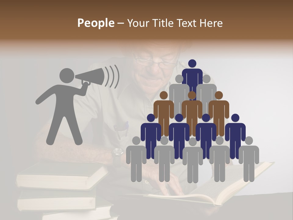 A Man Sitting At A Table With A Stack Of Books PowerPoint Template