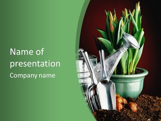 Gardening Tools With Flowering Bulbs In A Pot PowerPoint Template