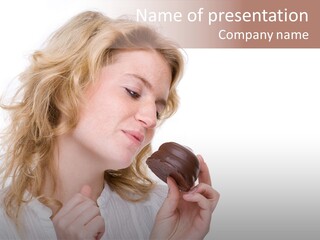 Full Isolated Portrait Of A Beautiful Caucasian Woman Eating Some Sweets PowerPoint Template