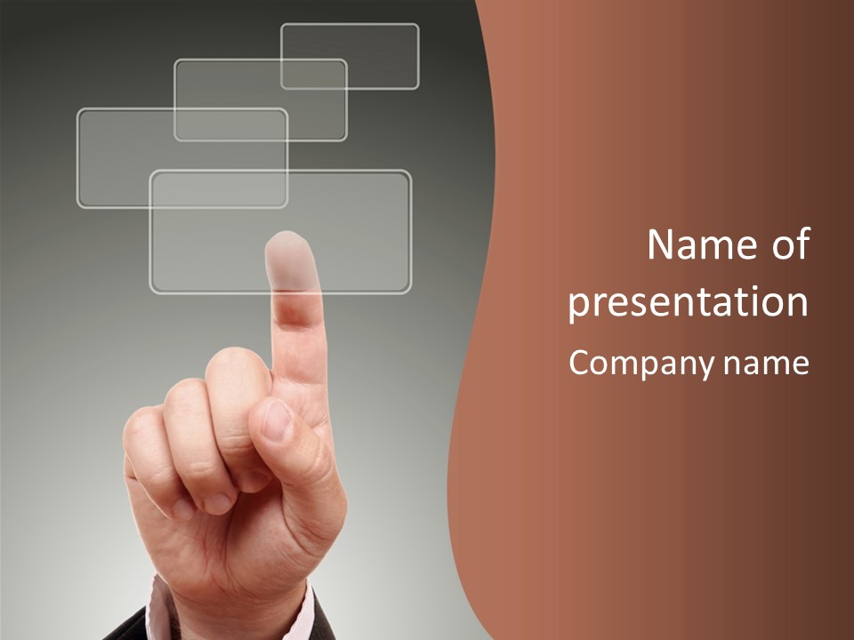 The Hand Pressing One Of The Buttons On Grey Background PowerPoint Template