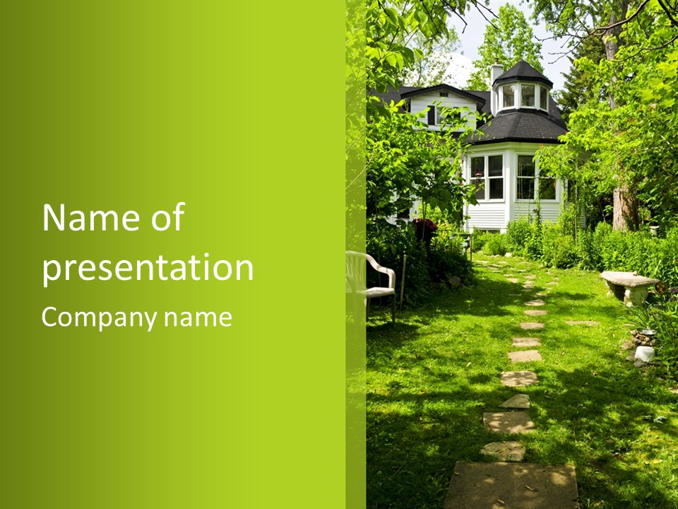 Path Of Steeping Stones Leading To A House In Lush Green Garden PowerPoint Template