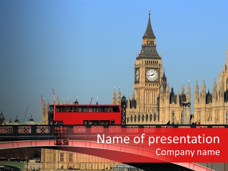 Colourful Big Ben With A Classic London Bus On A Bridge PowerPoint Template
