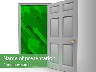 A White Doorway Is Opened To Reveal A Number Of Upward Growth Arrows PowerPoint Template