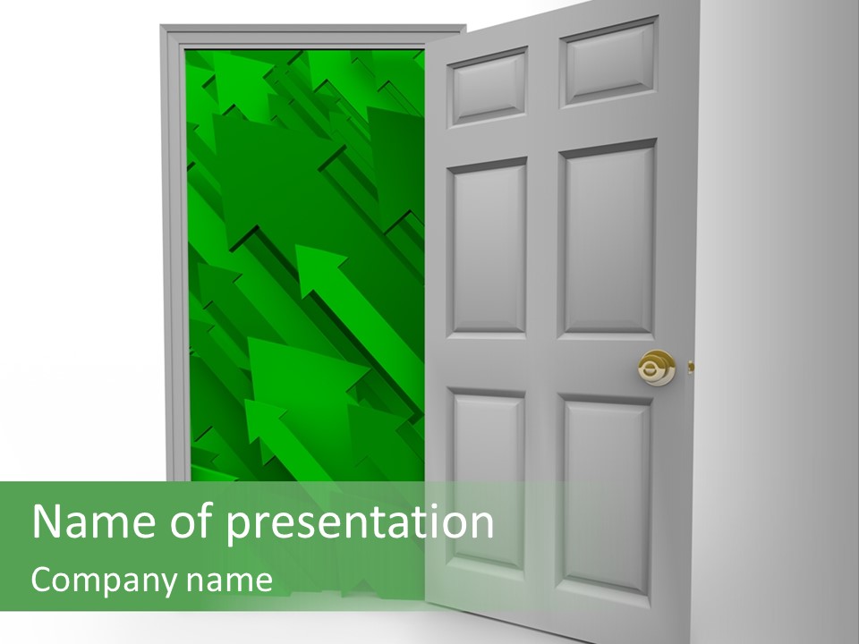 A White Doorway Is Opened To Reveal A Number Of Upward Growth Arrows PowerPoint Template