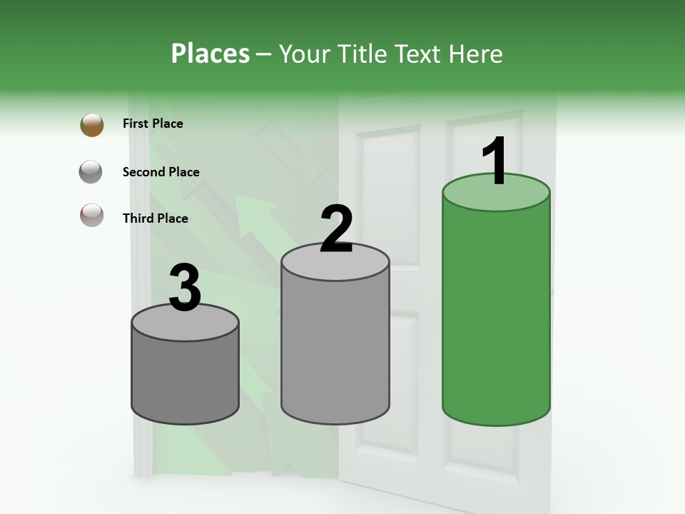 A White Doorway Is Opened To Reveal A Number Of Upward Growth Arrows PowerPoint Template
