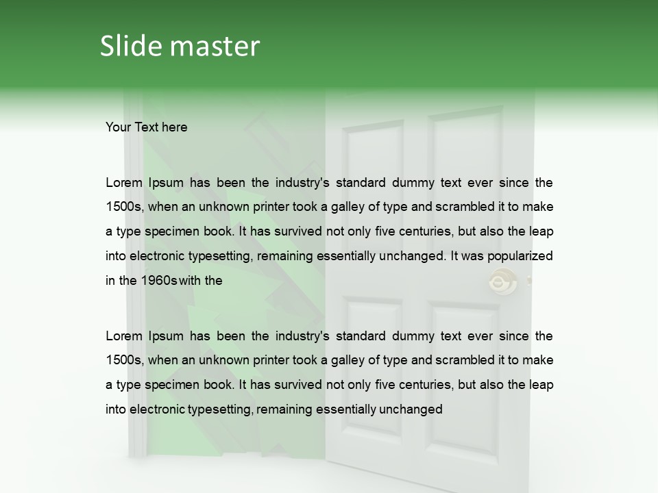 A White Doorway Is Opened To Reveal A Number Of Upward Growth Arrows PowerPoint Template
