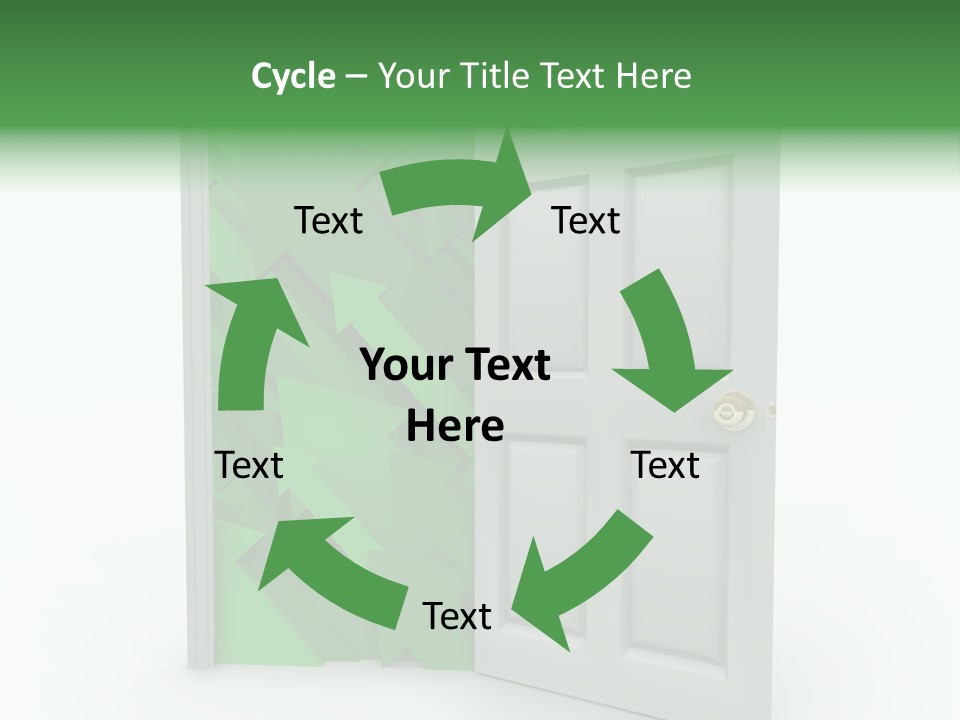 A White Doorway Is Opened To Reveal A Number Of Upward Growth Arrows PowerPoint Template