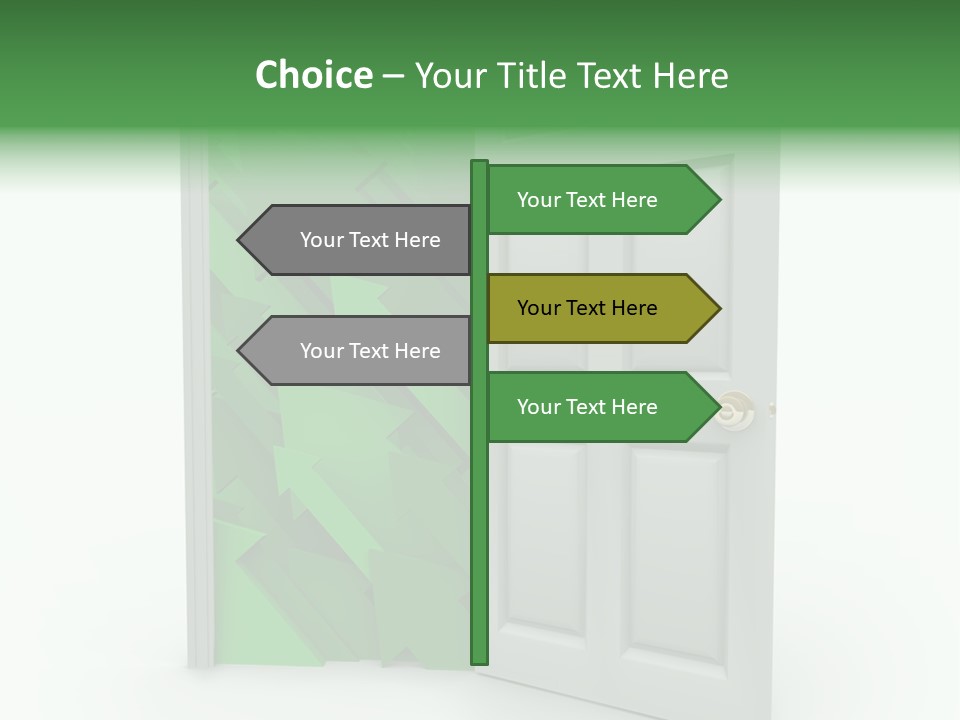 A White Doorway Is Opened To Reveal A Number Of Upward Growth Arrows PowerPoint Template