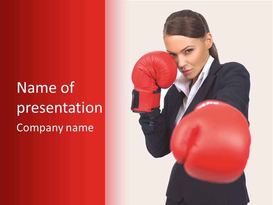 Portrait Of Beautiful And Young Business Woman Wearing Boxing Gloves PowerPoint Template
