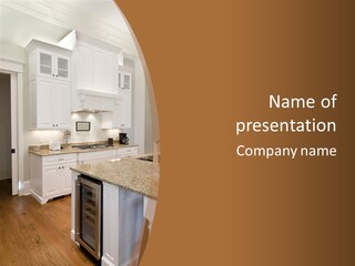 Opulent White Kitchen With Granite Countertops And Wine Fridge PowerPoint Template