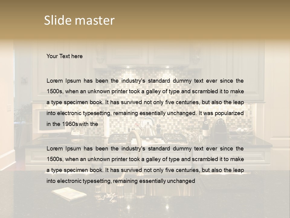 Beautiful Kitchen With Glass Backsplash And Granite Counter PowerPoint Template