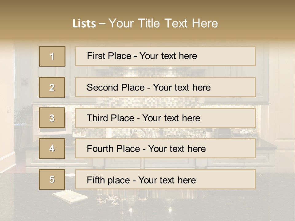 Beautiful Kitchen With Glass Backsplash And Granite Counter PowerPoint Template