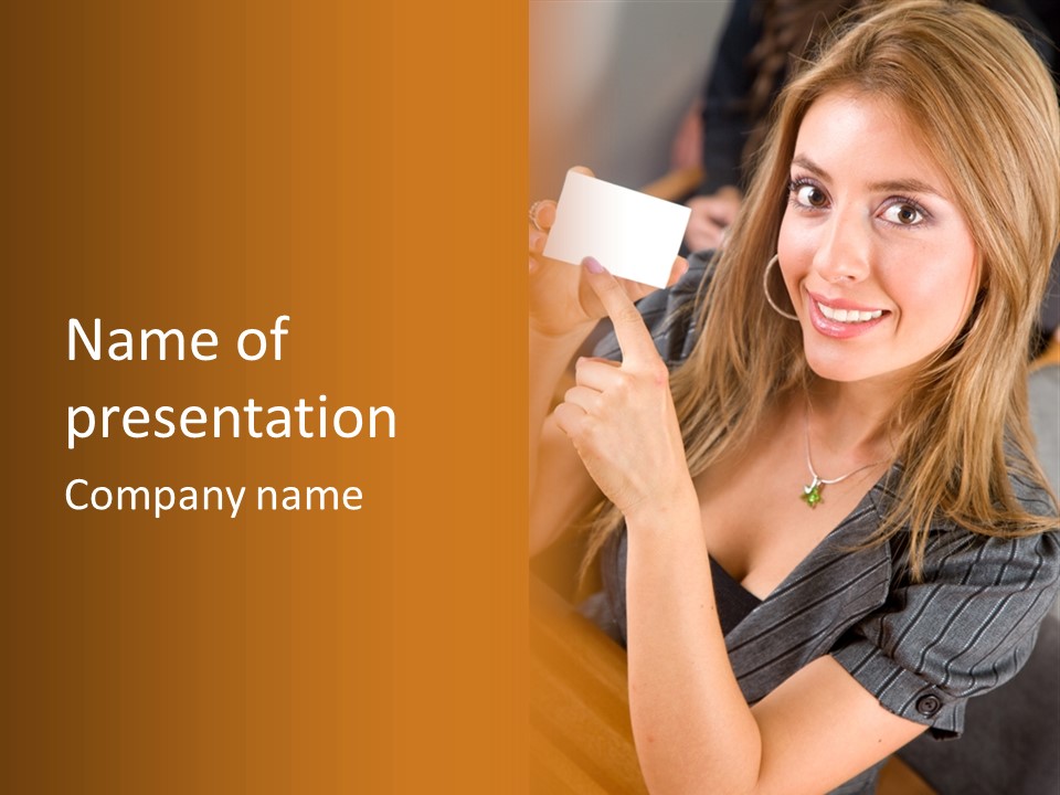 Businesswoman Pointing At A Business Card In An Office PowerPoint Template