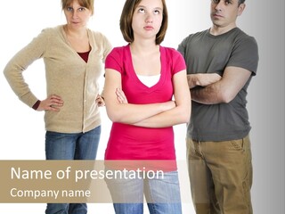 Teenage Girl Rolling Her Eyes In Front Of Angry Parents PowerPoint Template