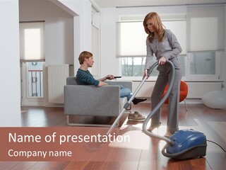 Business Woman Is Vacuum Cleaning While The Lazy Boyfriend Is Sitting On The Couch Watching Tv PowerPoint Template