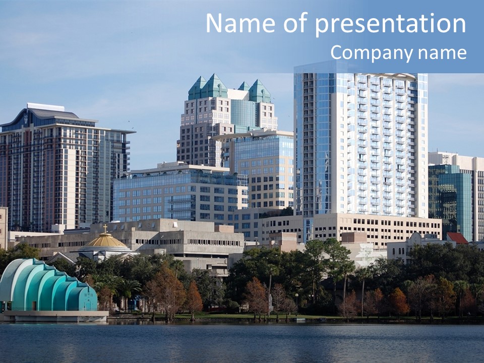 City Of Orlando, Florida With Lake Eola In The Foreground PowerPoint Template