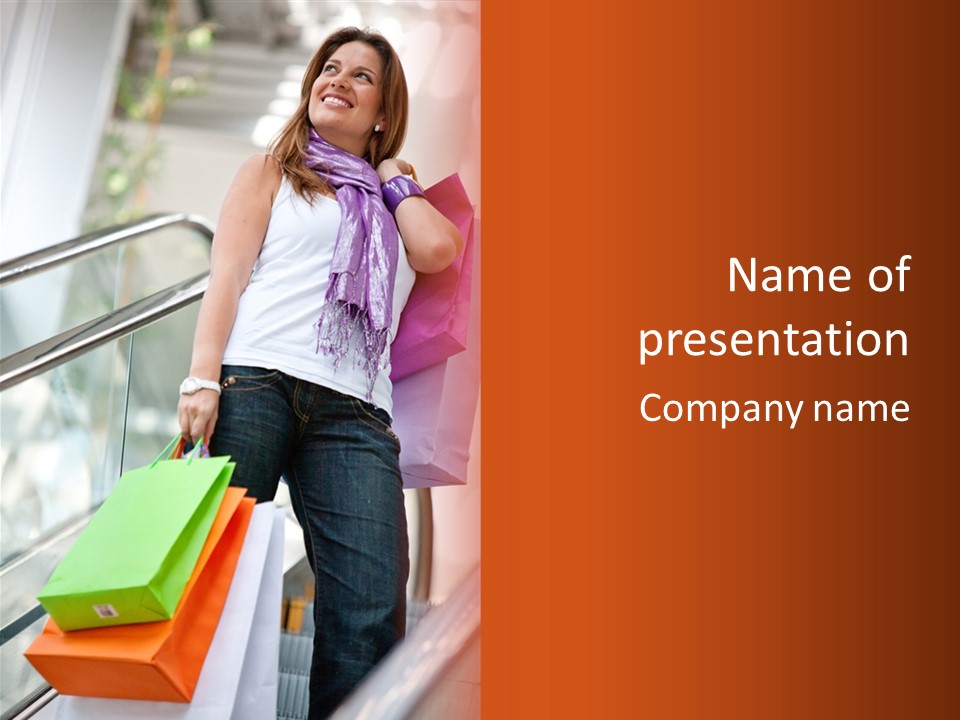 Woman On Scalators In A Shopping Mall Holding Some Bags PowerPoint Template