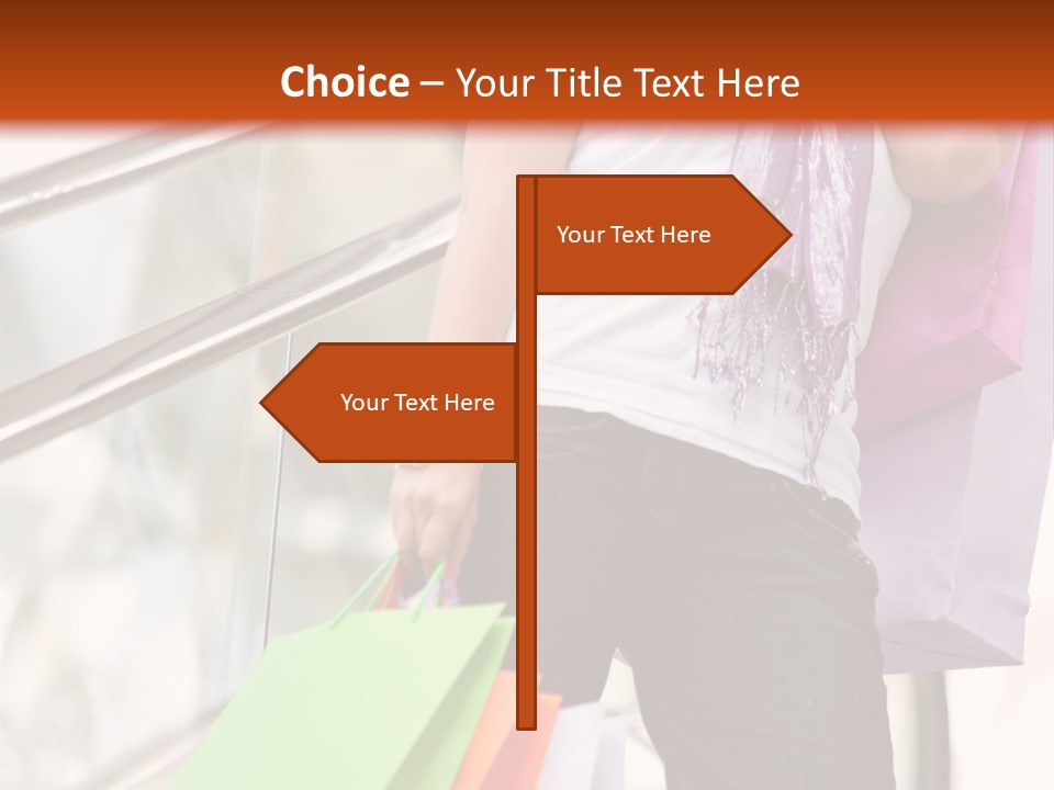 Woman On Scalators In A Shopping Mall Holding Some Bags PowerPoint Template