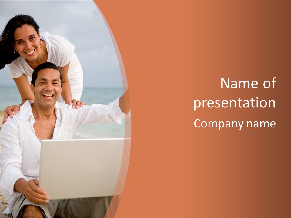 Happy Beach Couple On A Laptop During Vacation PowerPoint Template