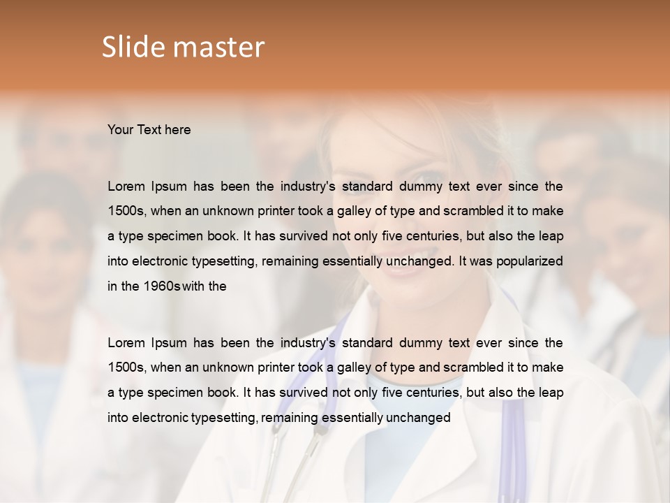 Female Doctor Smiling In A Hospital With Her Team Behind PowerPoint Template