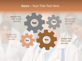 Female Doctor Smiling In A Hospital With Her Team Behind PowerPoint Template