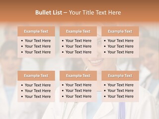 Female Doctor Smiling In A Hospital With Her Team Behind PowerPoint Template