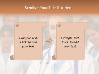 Female Doctor Smiling In A Hospital With Her Team Behind PowerPoint Template