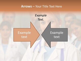Female Doctor Smiling In A Hospital With Her Team Behind PowerPoint Template