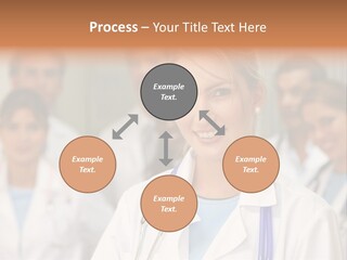 Female Doctor Smiling In A Hospital With Her Team Behind PowerPoint Template