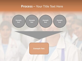Female Doctor Smiling In A Hospital With Her Team Behind PowerPoint Template