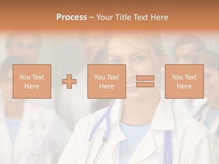 Female Doctor Smiling In A Hospital With Her Team Behind PowerPoint Template