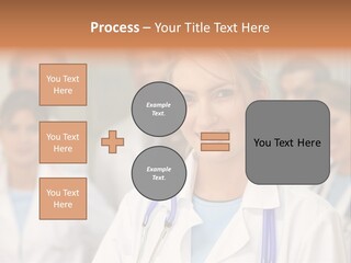 Female Doctor Smiling In A Hospital With Her Team Behind PowerPoint Template