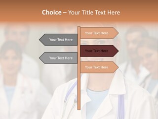 Female Doctor Smiling In A Hospital With Her Team Behind PowerPoint Template