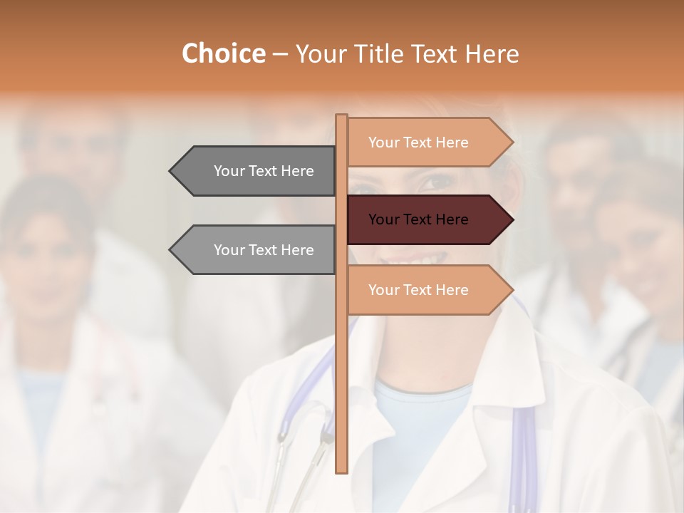 Female Doctor Smiling In A Hospital With Her Team Behind PowerPoint Template
