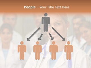 Female Doctor Smiling In A Hospital With Her Team Behind PowerPoint Template