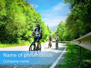 Three Bikers On Forest Road PowerPoint Template