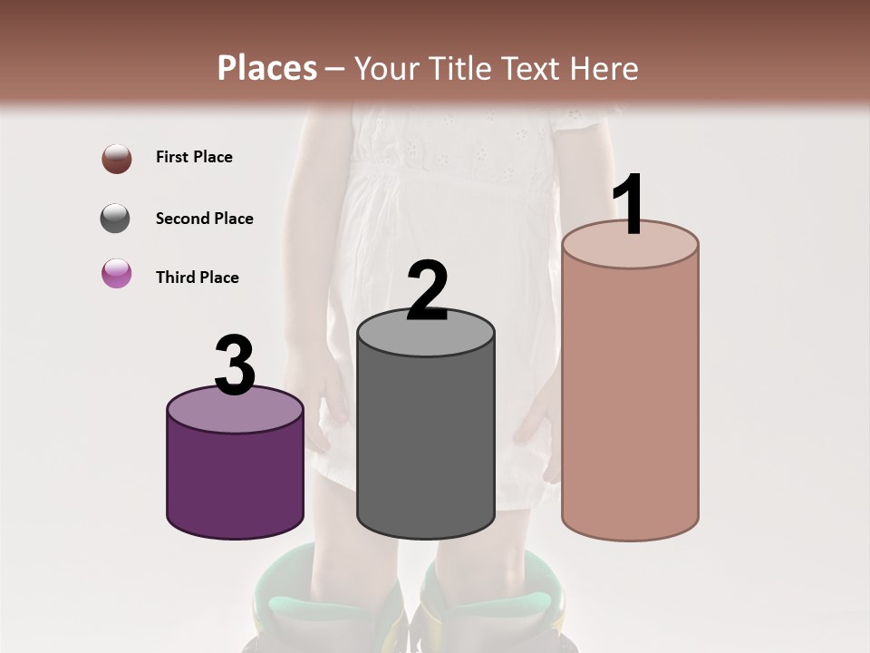 Funny Little Girl In Big Mountain Ski Boots And Short White Dress Stands On White Background PowerPoint Template