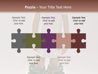 Funny Little Girl In Big Mountain Ski Boots And Short White Dress Stands On White Background PowerPoint Template