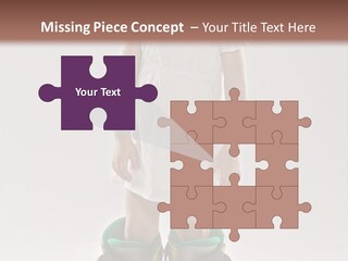 Funny Little Girl In Big Mountain Ski Boots And Short White Dress Stands On White Background PowerPoint Template