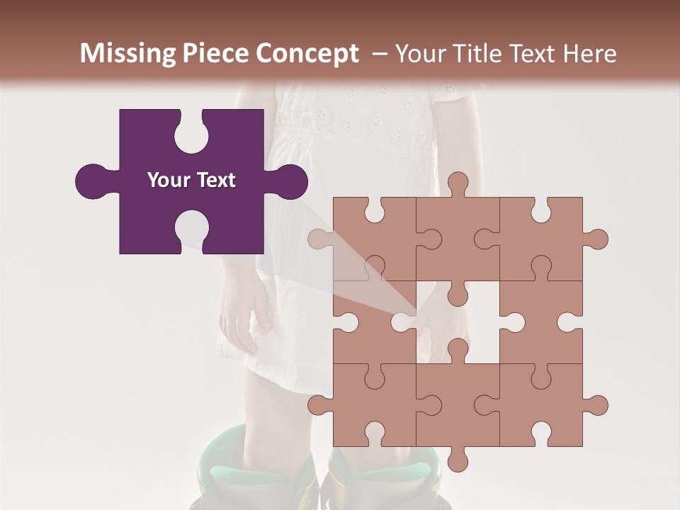 Funny Little Girl In Big Mountain Ski Boots And Short White Dress Stands On White Background PowerPoint Template