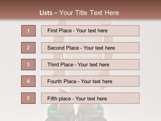 Funny Little Girl In Big Mountain Ski Boots And Short White Dress Stands On White Background PowerPoint Template