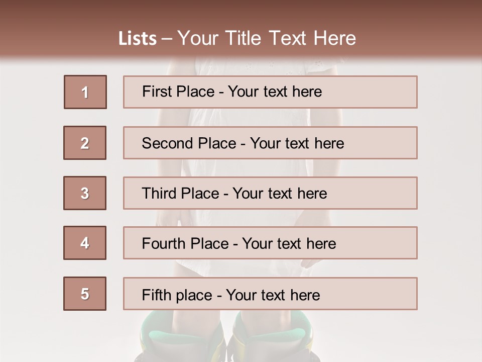 Funny Little Girl In Big Mountain Ski Boots And Short White Dress Stands On White Background PowerPoint Template