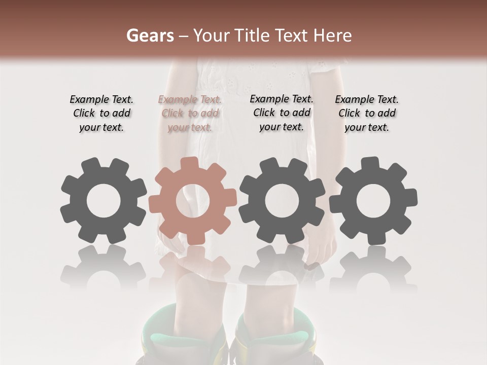 Funny Little Girl In Big Mountain Ski Boots And Short White Dress Stands On White Background PowerPoint Template