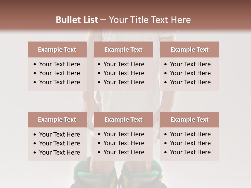 Funny Little Girl In Big Mountain Ski Boots And Short White Dress Stands On White Background PowerPoint Template