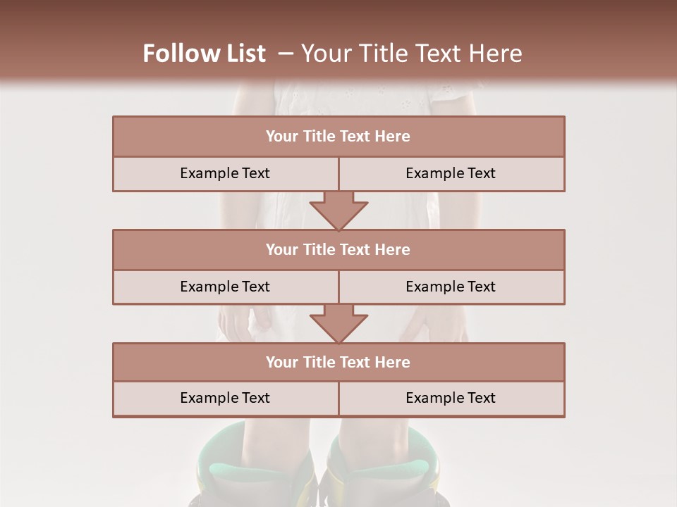 Funny Little Girl In Big Mountain Ski Boots And Short White Dress Stands On White Background PowerPoint Template