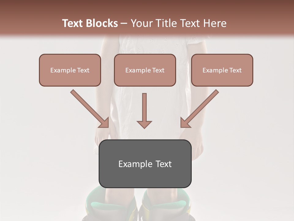 Funny Little Girl In Big Mountain Ski Boots And Short White Dress Stands On White Background PowerPoint Template