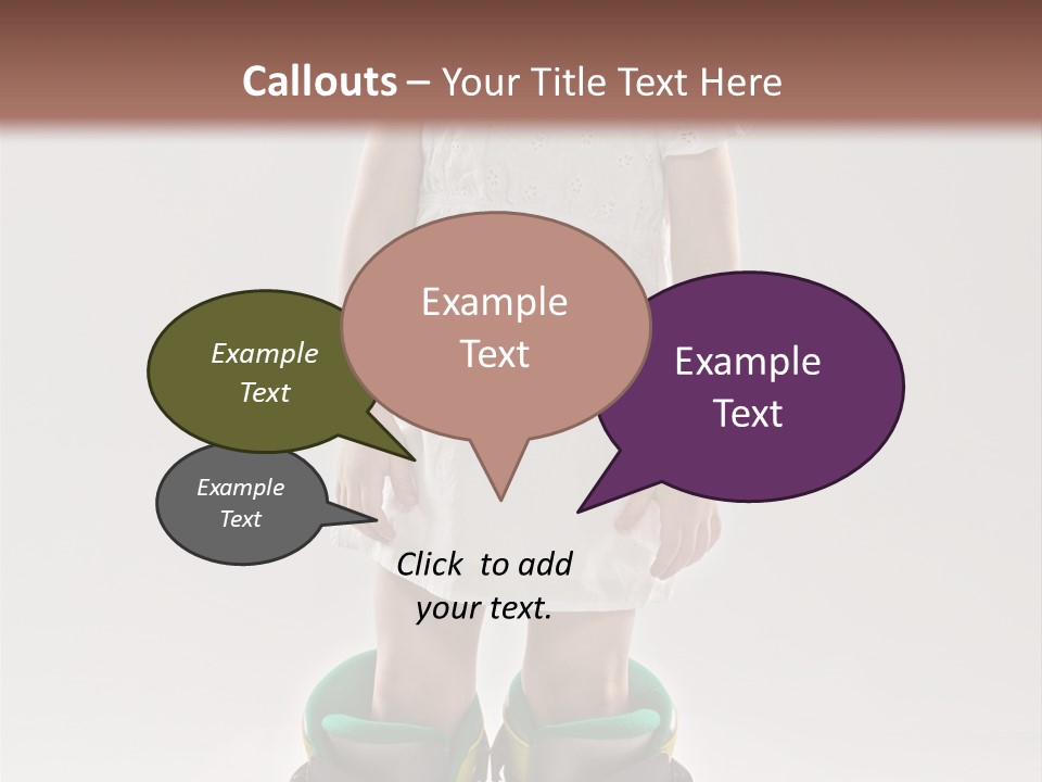 Funny Little Girl In Big Mountain Ski Boots And Short White Dress Stands On White Background PowerPoint Template