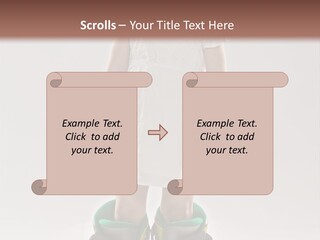 Funny Little Girl In Big Mountain Ski Boots And Short White Dress Stands On White Background PowerPoint Template